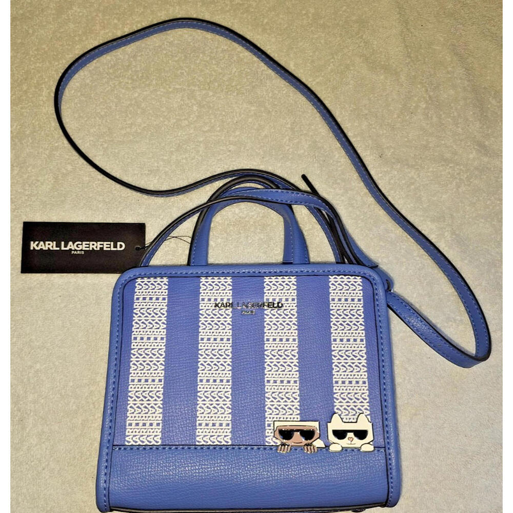 New Limited Karl Lagerfeld Blue White Satchel Handbag Crossbody Purse Tote - Picture 3 of 8